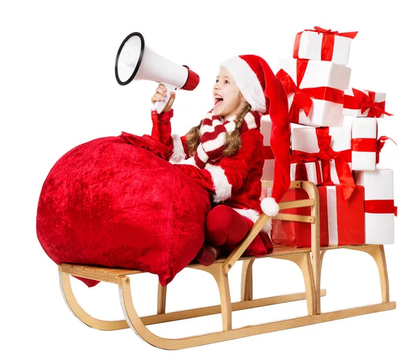 Christmas Child Screaming Megaphone Delivering Xmas Gifts Huge Bag Full — Stock Photo, Image