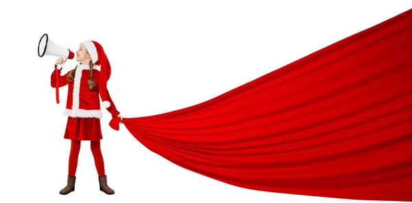 Μικρή Σάντα Γκερλ Φωνάζει Μεγάφωνο Κουβαλώντας Τεράστια Κόκκινη Τσάντα Κορίτσι — Φωτογραφία Αρχείου