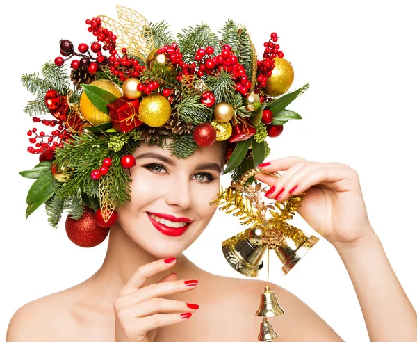 Christmas Woman Gift Bells Beautiful Girl Fashion Make Xmas Party — Stock Photo, Image