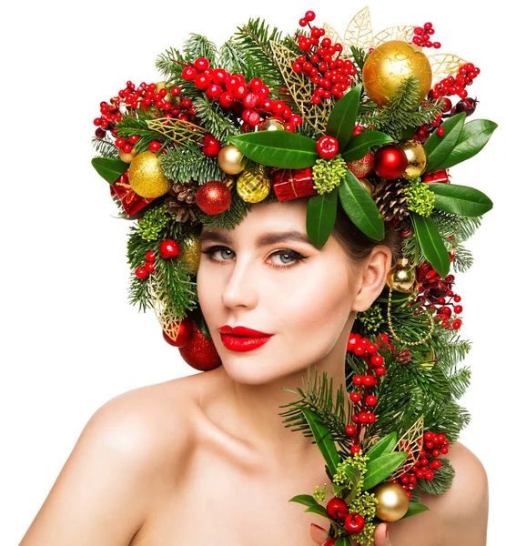 Penteado Natal Mulher Com Grinalda Árvore Abeto Decorada Férias Ano — Fotografia de Stock
