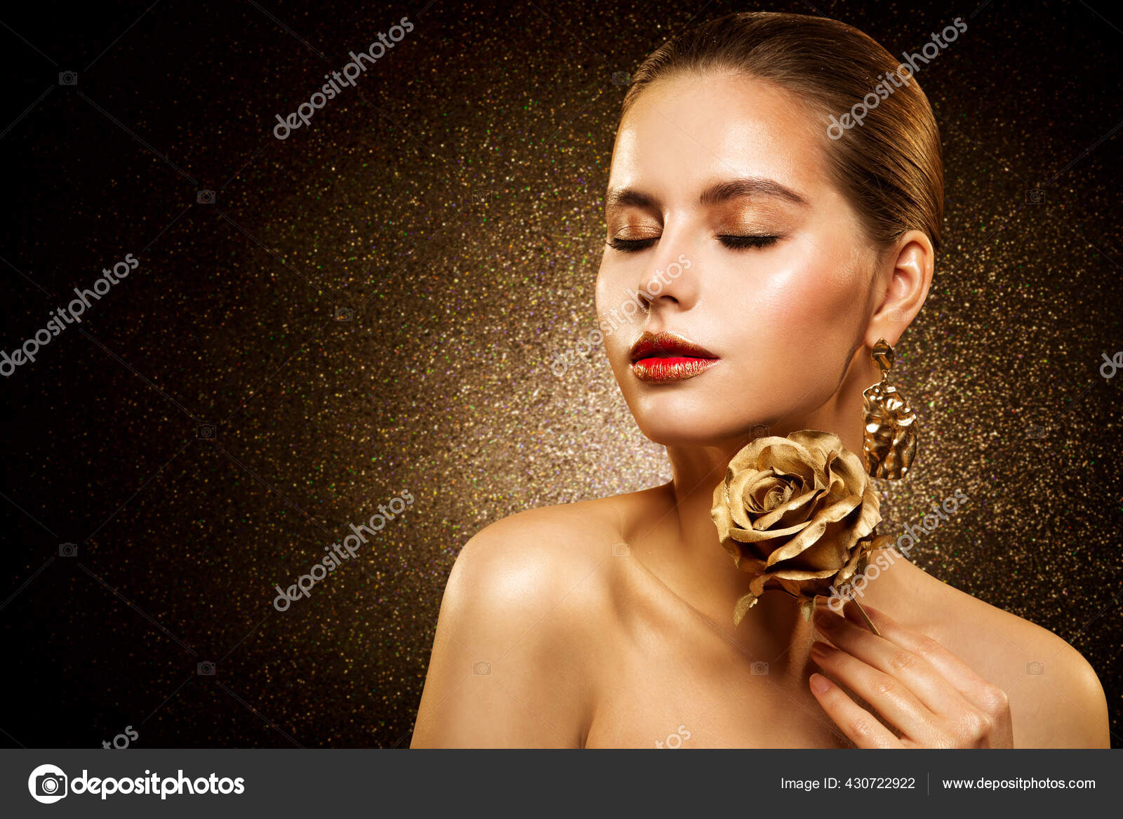 Woman Golden Skin, Fashion Model Painted Gold Body Art, Beauty