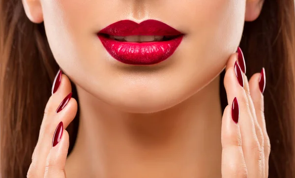 Lips Nail Closeup Woman Beauty Makeup Red Lipstick Face Skin — Stock Photo, Image