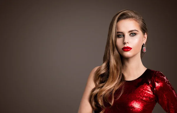 Vrouw Mode Schoonheid Gezicht Portret Model Make Met Rode Lippen — Stockfoto