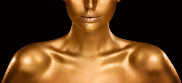 Fashion Gold Skin Beauty Woman Portrait Face Model Golden Makeup — Stock fotografie
