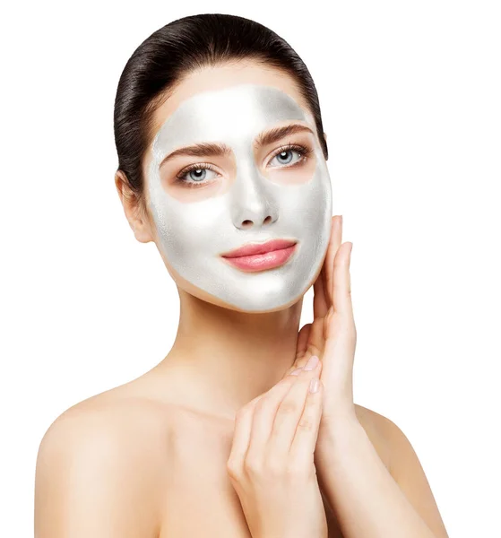 Mujer Facial Máscara Arcilla Blanca Cuidado Belleza Facial Piel Tratamiento — Foto de Stock