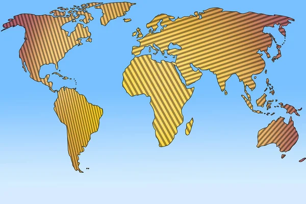 World Map Illustration 欧陆轮廓条纹笔画风格 黄土蓝海格式化世界地图高分辨率图标 — 图库照片