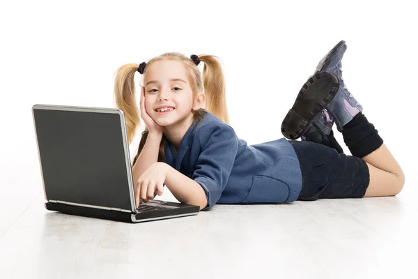 Escola Kid Girl Aprendendo Computador Conceito Educação Online Infantil Menina — Fotografia de Stock