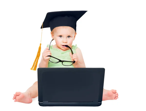 Funny Intelligent Child Graduation Hat Computer Holding Eyeglasses Curious Baby — Stock Photo, Image