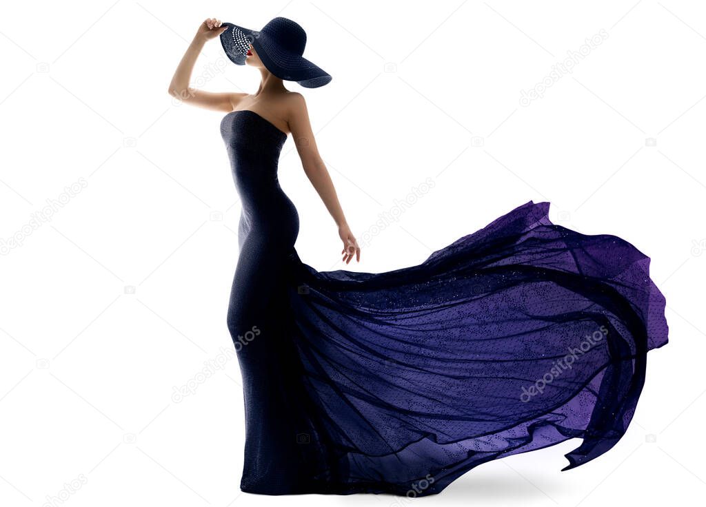 Woman in Black Purple Dress with Long Train Back. Luxury Fashion Model in Evening Shining Glitter Gown and Elegant Hat. Glamour Lady Silhouette over isolated Studio White background