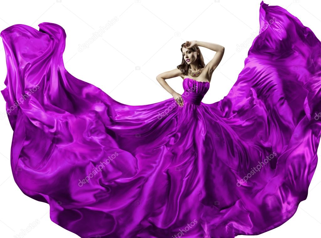 Woman Silk Dress, Beauty Fashion Portrait In Long Fluttering Gown, Girl Dancing With Purple Fabric Clothes, Isolated Over White Background