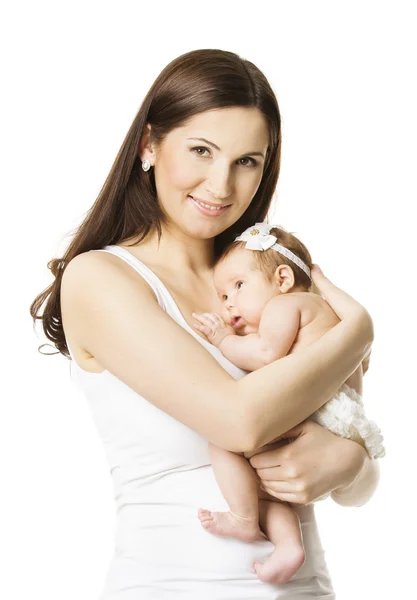 Πορτρέτο κορίτσι μωρό μητέρα, γυναίκα κρατώντας νεογέννητο παιδάκι, νέα γεννηθεί παιδί και οικογένεια έννοια, απομονωθεί σε λευκό φόντο — Φωτογραφία Αρχείου