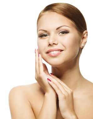 kadın Güzellik yüz, temiz Cilt Bakımı, güzel bir genç kız portre izole beyaz arka plan üzerinde Cilt Bakımı