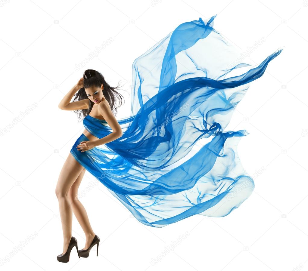 Woman Sexy Dancing in Blue Dress. Fashion Model dance with Waving fluttering Fabric. Long legs. White Isolated Backgroun