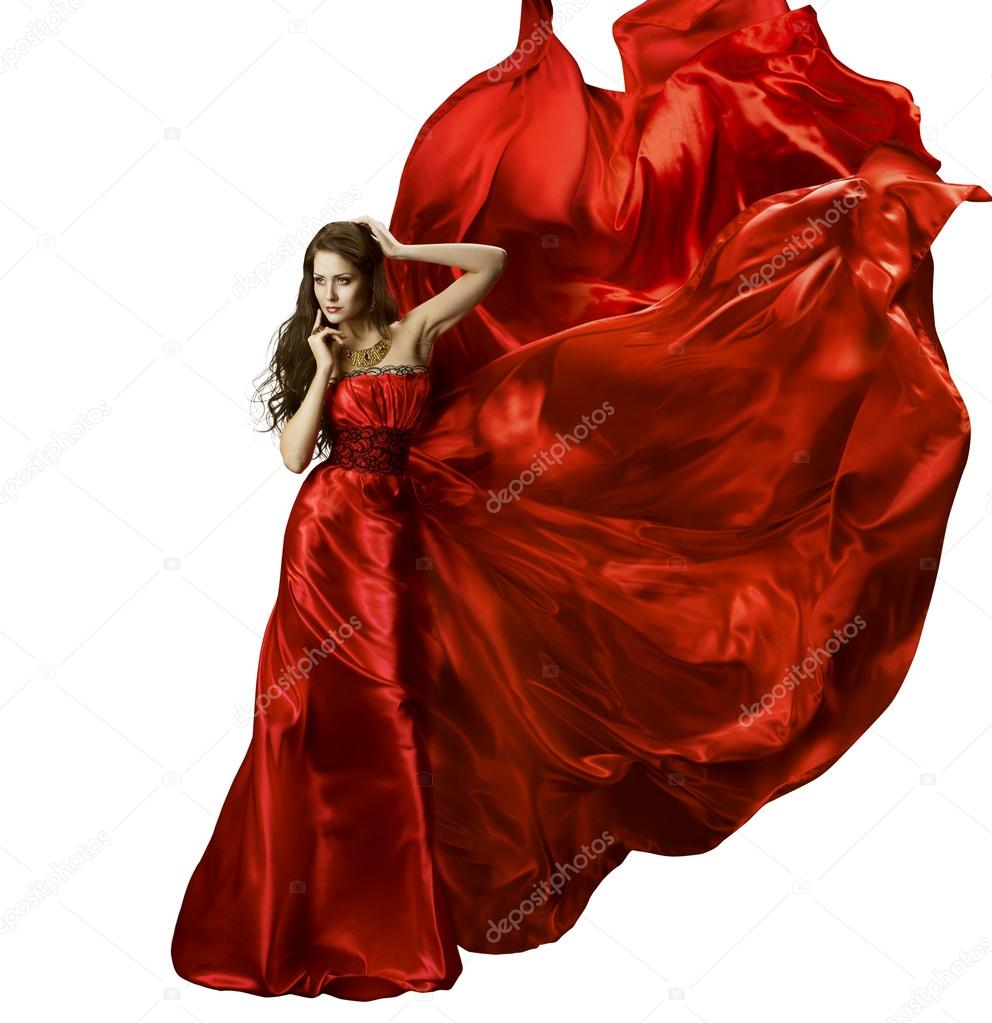 Woman Beauty Fashion Dress, Girl In Red Elegant Silk Gown Waving Fabric, Model In Long Fluttering Cloth On Wind, Isolated Over White Background