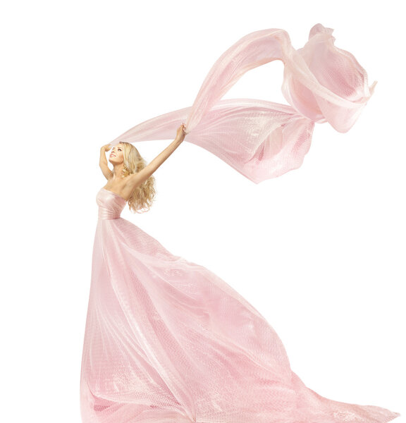 Woman Beauty Fashion Dress, Girl In Silk Gown Waving On Wind Fabric, Model With Long Flying Fluttering Cloth, Isolated Over White Background
