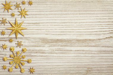 Noel ahşap arka plan, kar yıldız dekorasyon, Beyaz ahşap masa, Xmas dekoratif tatil doku tebrik