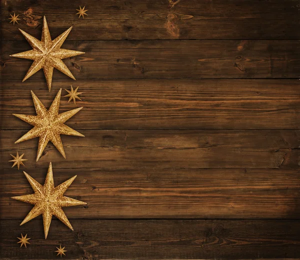 Christmas Wooden Background, Golden Stars Decoration, Brown Wood Board, Xmas Holiday Texture — Stock Fotó