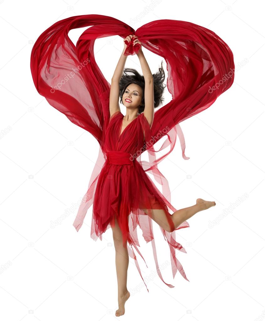 Woman Dancing With Heart Shaped Fabric Cloth, Beautiful Girl in Red Dress Waving On Wind. Isolated Over White Background