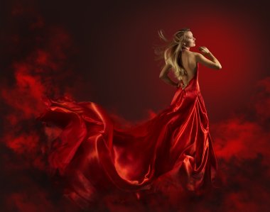 Kırmızı elbise, Bayan fantezi uçan ve sallayarak elbisesi, Rüzgar, çıplak geri uzun bez güzel kız portresi üfleme saç kadında