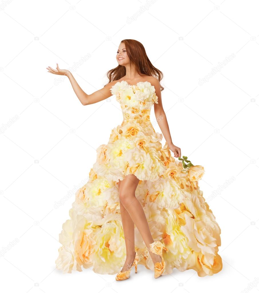 Woman Flower Long Dress, Girl Advertise Empty Hand, Fashion Beauty Portrait in Roses Floral Gown, Isolated over White Background