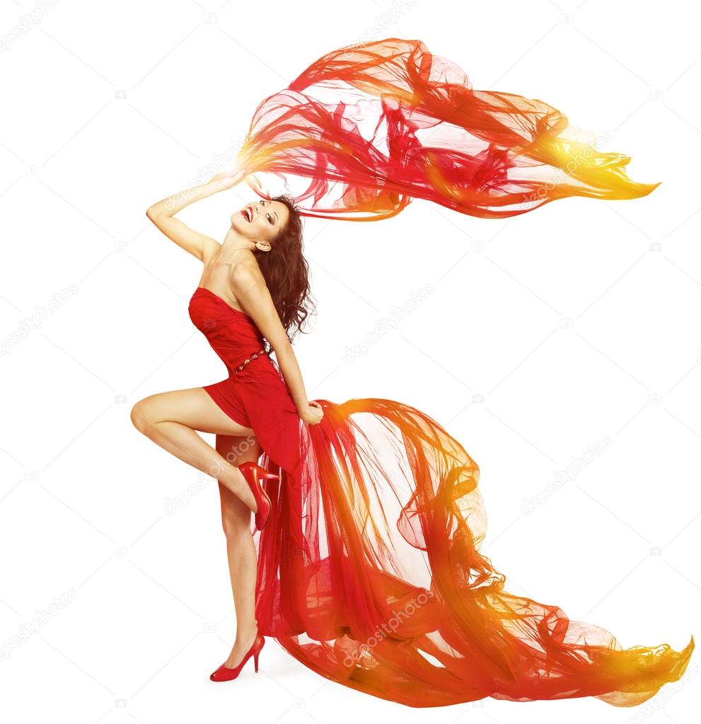 Woman Dancing in Red Dress, Cloth Flying Waving on Wind ...