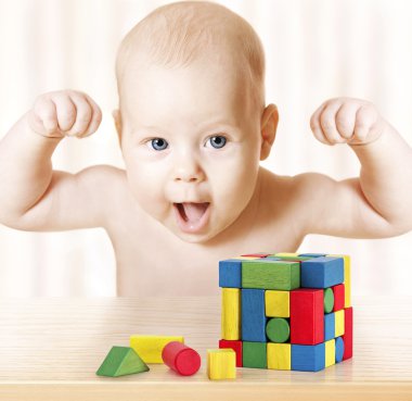 Smart Baby Playing Toy Blocks, Strong Healthy Child Laughing, Hand Raise Up, Little Kids Success Early Development and Activity Concept, Jigsaw Puzzle Game clipart