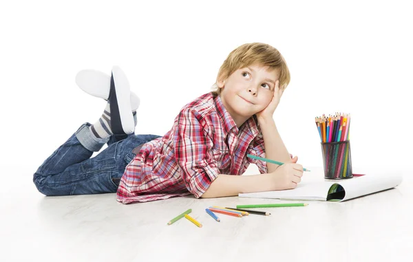 Child Boy Drawing Pencil, Artistic Creative Kid Thinking and Dreaming Idea, Creativity — Stock Photo, Image