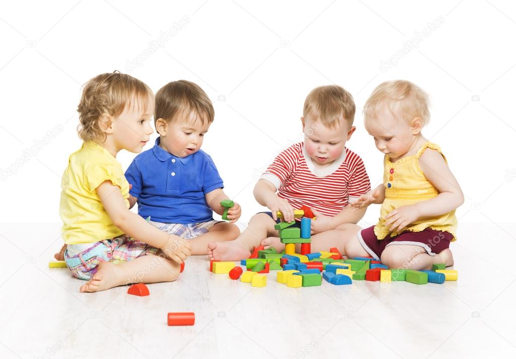 Children Group Playing Toy Blocks. Little Kids Early Development. Baby Activity One Year Old Games, Isolated Over White Background
