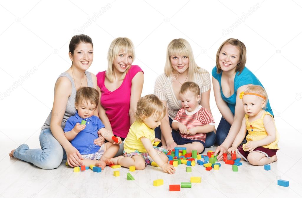 Children Group with Mothers Playing Toy Blocks. Little Kids Early Development. Baby Active Games, Isolated Over White Background