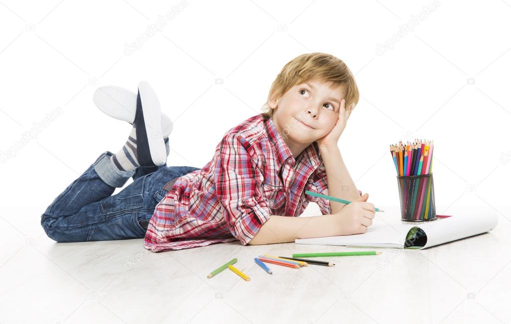 Child Boy Drawing Pencil, Artistic Creative Kid Thinking and Dreaming Idea, Creativity