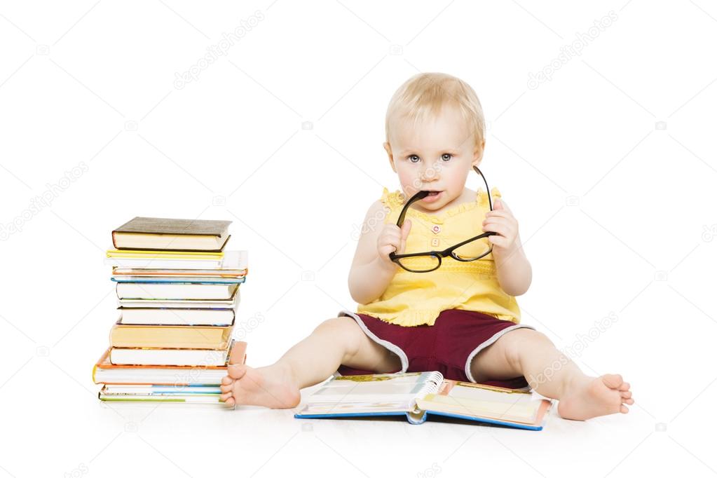 Little Child Girl Reading Book in Glasses, Children Early Development, Small Kid Preschool Education Concept, Isolated over White Background