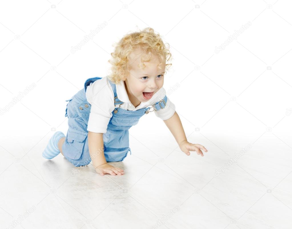 Little Child Boy Crawling, Baby Kid Isolated over White