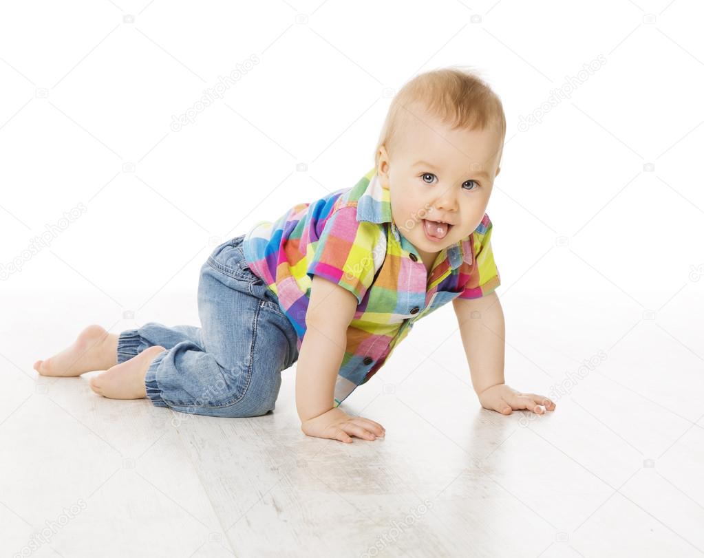 Baby Activity, Crawling Little Child Boy Dressed Jeans Color Shirt, Active Kid