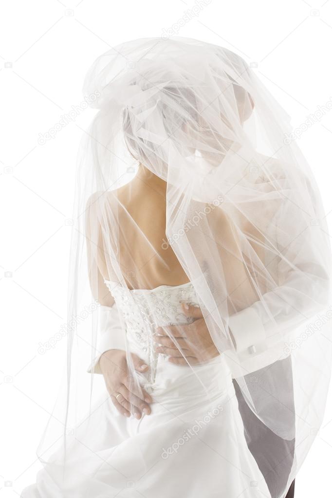 Bride and Groom Covered Veil, Wedding Couple Kissing, Back Rear view