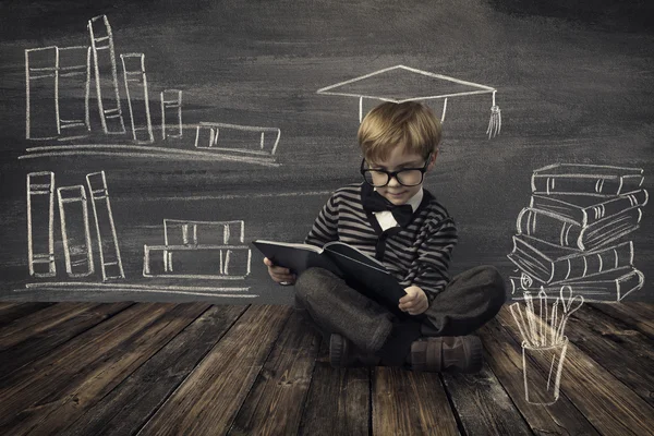 Child Little Boy in Glasses Reading Book, Kids Education — Stock Photo, Image