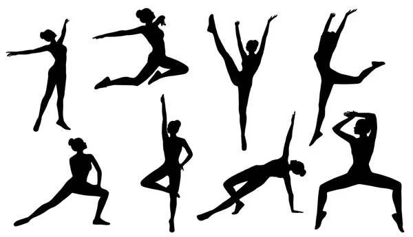 Poses de silhouette, Fitness d'aérobic de femme sur blanc, Gymnastique de sport de personnes — Photo