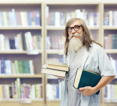 Senior with Books Glasses, Beard Student Old Man Education in Library clipart