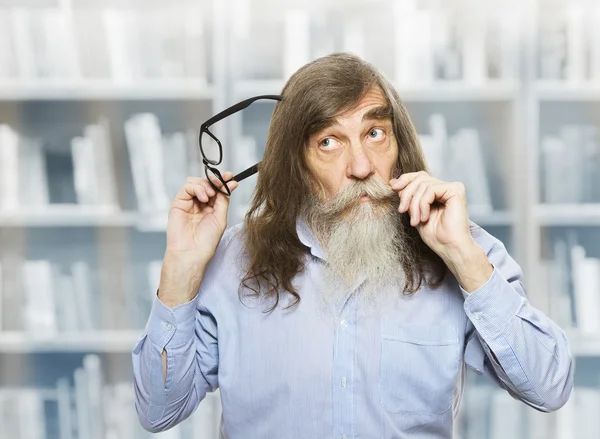 Thoughtful Senior with Glasses Inspired Thinking. Pensive Beard Old Man — Stock Photo, Image