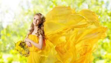 Young Girl Yellow Flowers Dandelion Basket, Fashion Model clipart