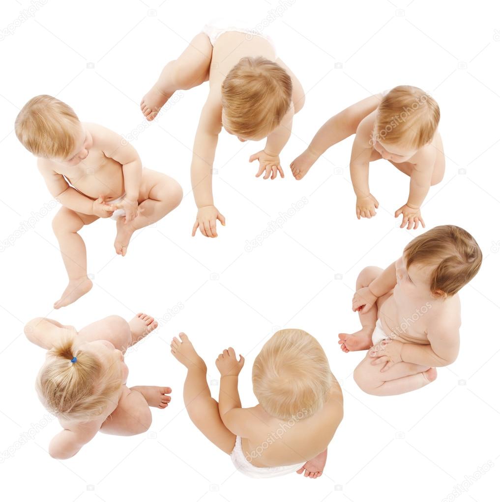 Babies Group, Kids Toddlers Crawling in Infant Diapers, Children over White