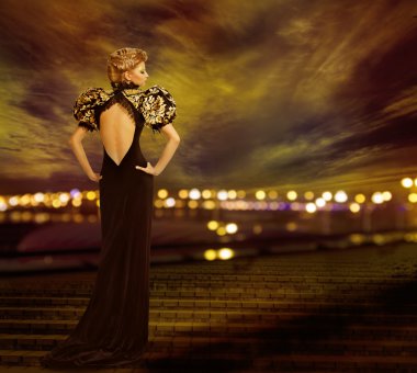 Woman Evening Dress, City Night Lights, Fashion Model Long Gown, Back Rear View