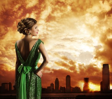 Woman Green Dress, City Sky Sundown, Fashion Model Fashion Model Rear View