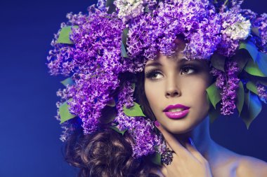 Woman Lilac Flower, Fashion Model Beauty Portrait, Girl Face Makeup