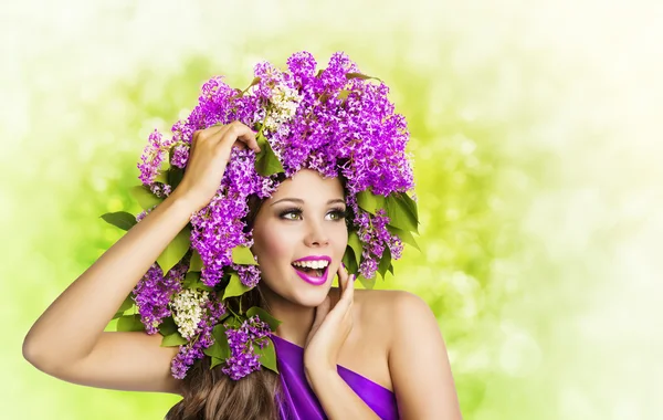 Woman Flowers in Hair, Beauty Model Smelling Flower, Curly
