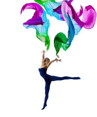 Dancer Woman Gymnastic with Flying Cloth, Girl Gymnast Waving Fabric on White