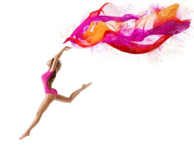 Woman Jump in Sport Leotard, Girl Dancer with Fly Pink Cloth, Gymnast