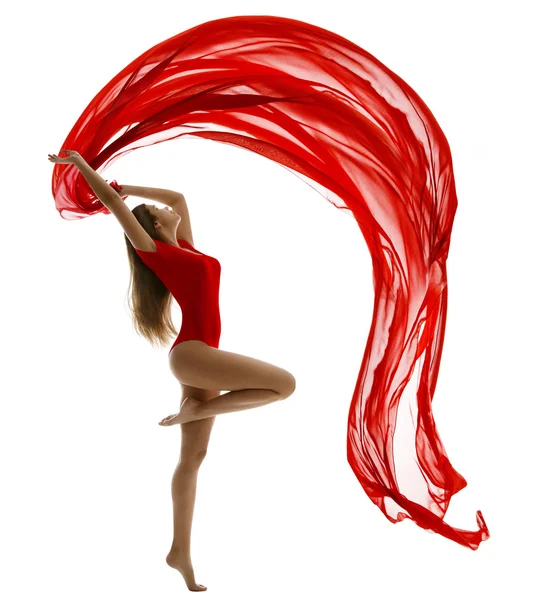 Dancing Woman, Flying Red Cloth, Gymnast Girl Dance Wave Fabric, White — Stock Photo, Image