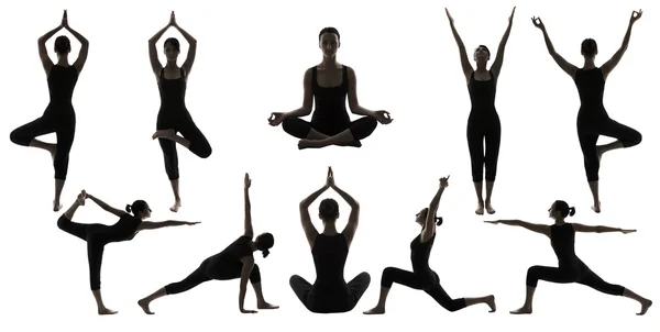 Poses de yoga de silhouette sur blanc, exercice de position d'Asana de femme — Photo