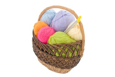 Multicolored wool clews, color needles in basket, knitting object on white