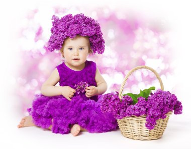 Baby Girl Lilac Flowers, Little Kid Flower Hat, Child Bouquet clipart